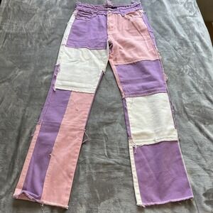Jaded London Patchwork Pants Womens 26 Purple Pink White Straight Leg Boho Denim